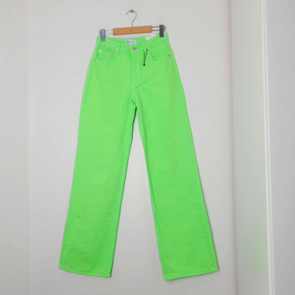 Zara Women's NEW Green Mid Rise Full Length Straight Leg The Boogie Pants Sz 0
